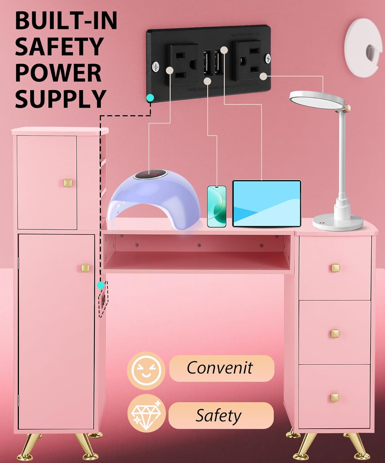 Pink Nail Table for Nail Tech, - огляд і ціна Beauty Makeup Desk