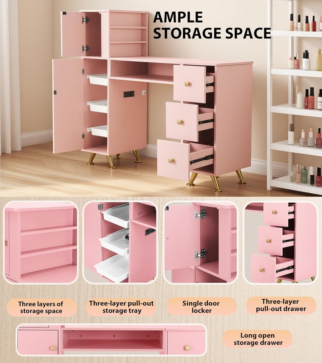Pink Nail Table for Nail Tech, - огляд і ціна Beauty Makeup Desk
